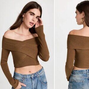 Jonathan Simkhai Off The Shoulder Cropped Sweater Sz Medium Brown Long Sleeves
